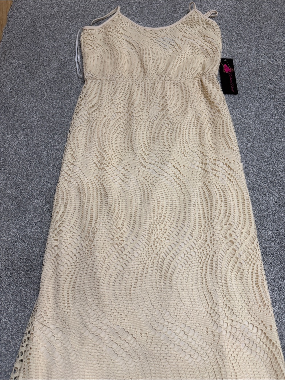 Glam Doll Sleeveless Crochet Maxi Dress in Cream 60” in length.